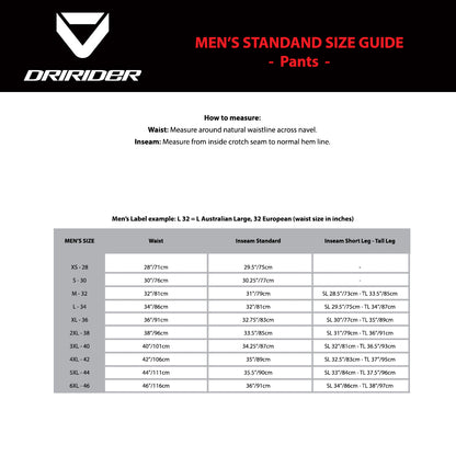 DRIRIDER Size Chart - Mens Pants