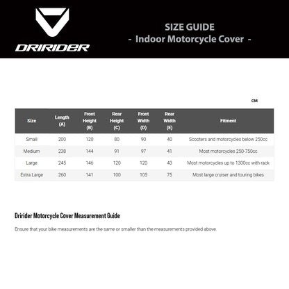 DRIRIDER Size Chart - Indoor Bike Covers