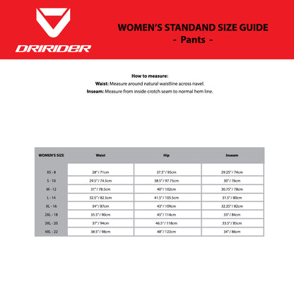 DRIRIDER Size Chart - Womens Pants