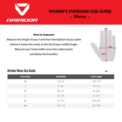 DRIRIDER Size Chart - Womens Gloves